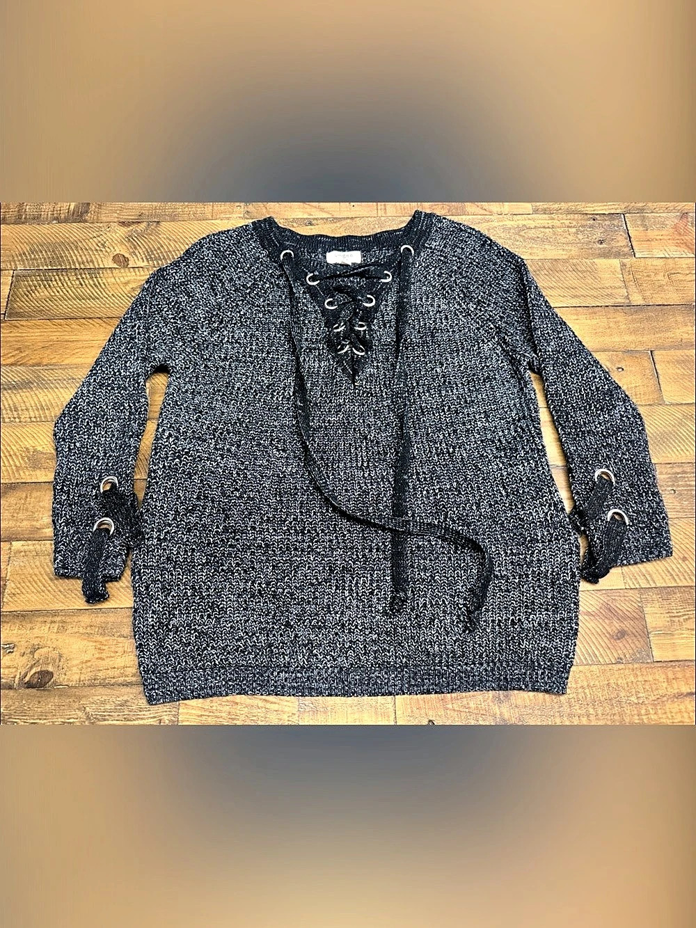 Umgee Oversized V-Neck Lace Up Knit Sweater Black & Gray Small